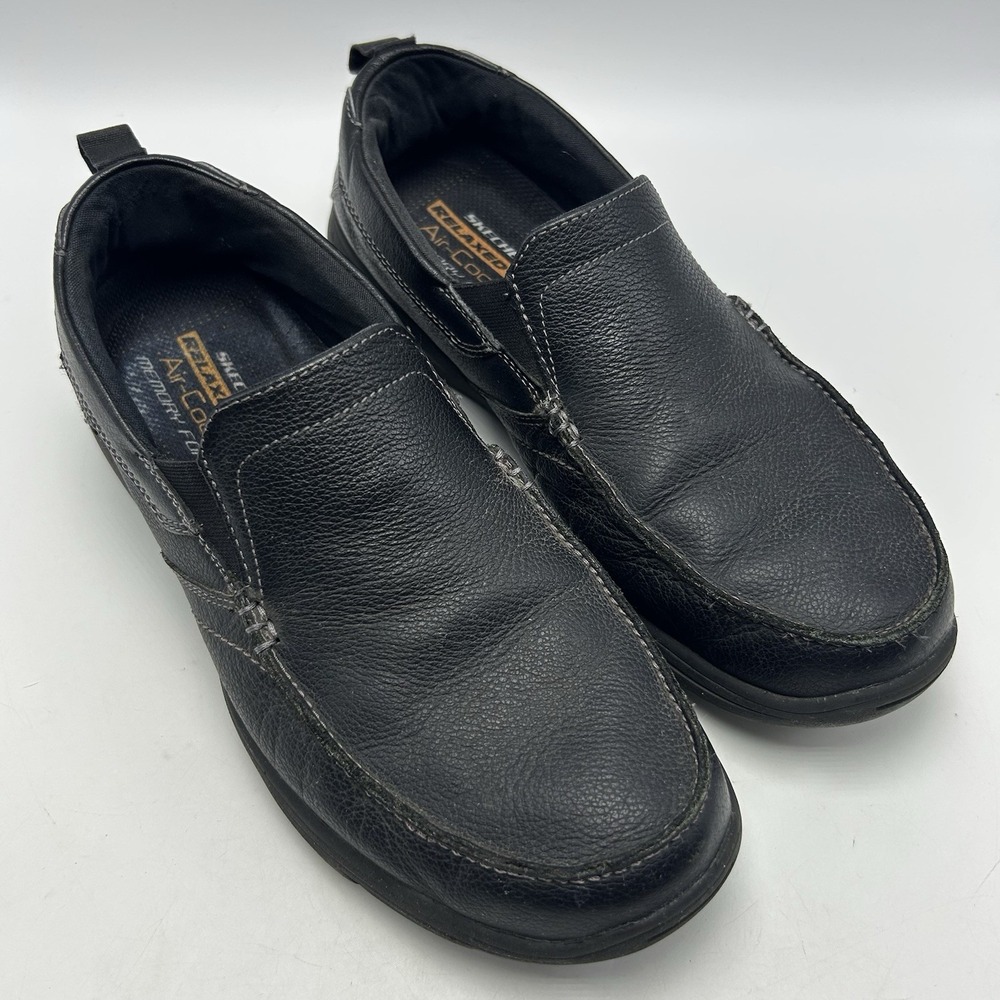 Skechers Loafers Mens 9 Black Leather Relaxed Fit Slip On Shoes Comfort Casual